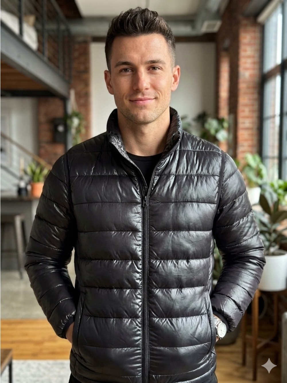 K-Swiss Men’s Lightweight Black Puffer Jacket Quilted Full Zip Coat Glossy